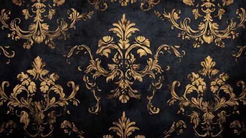 Gold baroque floral ornaments on textured dark surface.