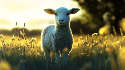 Lamb standing in backlit meadow under low evening sunlight.