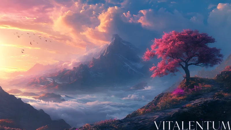 Mountain valley landscape with pink tree at sunrise.