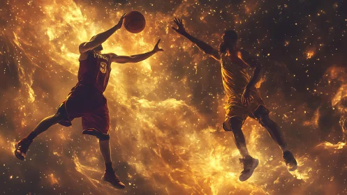 Two basketball players contest ball amid fiery cosmic light