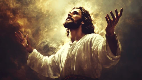 Figure in white robe extends arms beneath intense backlighting