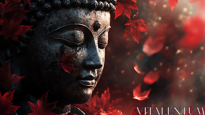 Buddha statue profile is framed by blurred red foliage elements