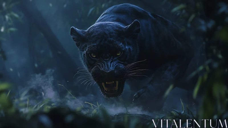 Black Panther Threat Display in Nocturnal Forest.