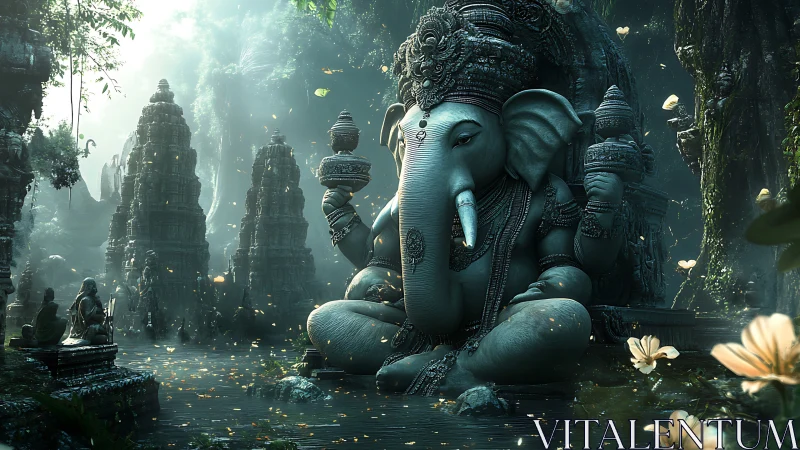 Elephant-headed stone deity amid overgrown temple ruins.