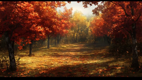 Radiant autumn woodland corridor under volumetric sunlight.