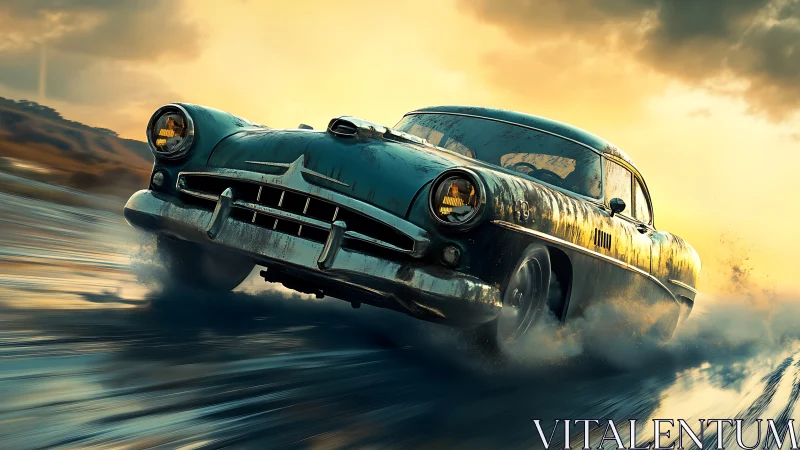 Dynamic retro coupe drifting through cinematic sunset storm.