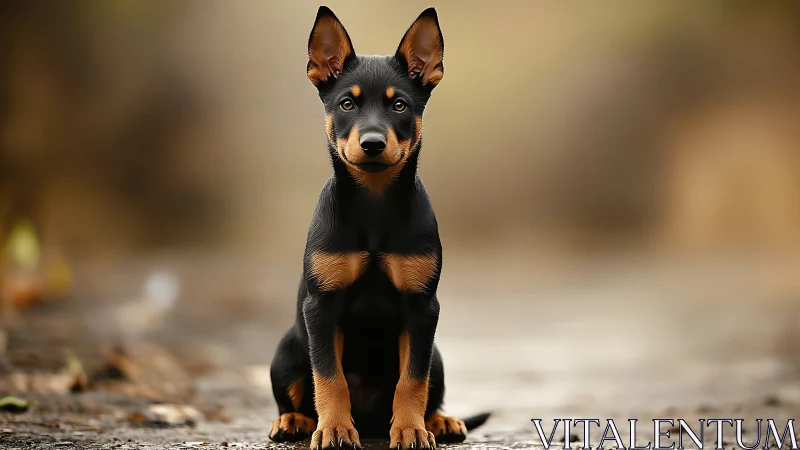 Black and tan puppy sitting on outdoor path in focus.