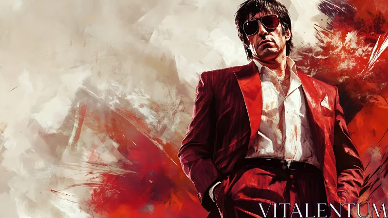 Man in red suit with sunglasses against abstract red field.