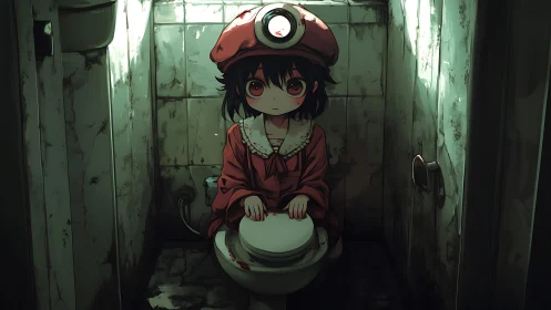 Crimson-eyed child quietly haunts the broken bathroom stall