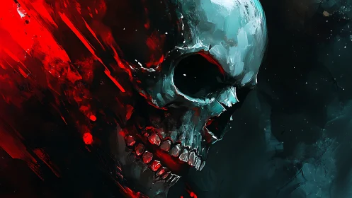 Digital skull profile in red and dark abstract field.