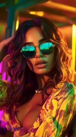 Woman in neon lighting wears sunglasses and patterned dress