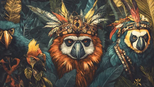 Vibrant Illustrated Parrots Wearing Tribal Headdresses in Jungle Scene.
