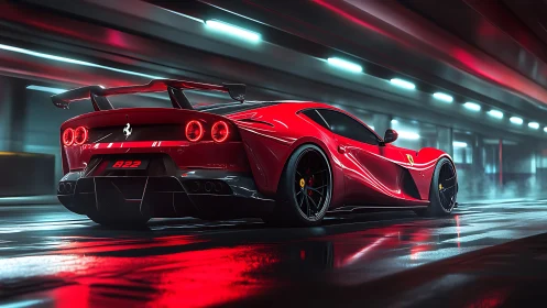 Scarlet supercar carves neon tunnels with predator calm