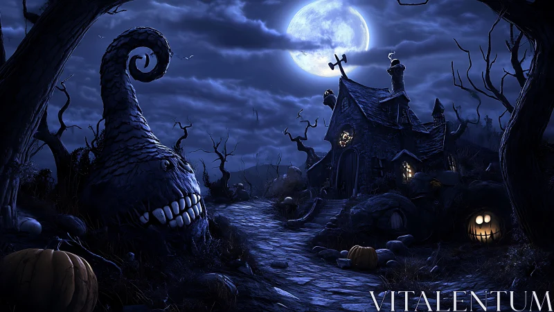 Moonlit haunted cottage with playful, glowing pumpkins.