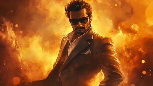 Stylish man in sunglasses emerging through fiery golden smoke.