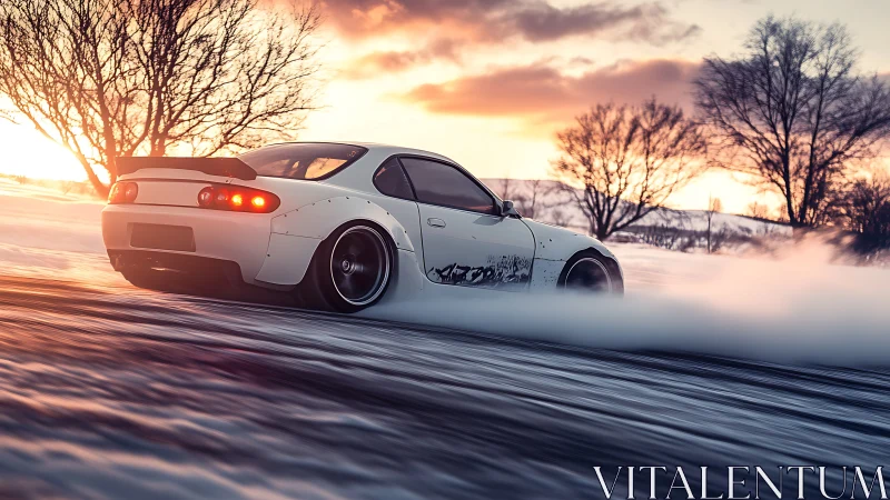 Snow-dusted drift rocket carves firelight trails at sunset