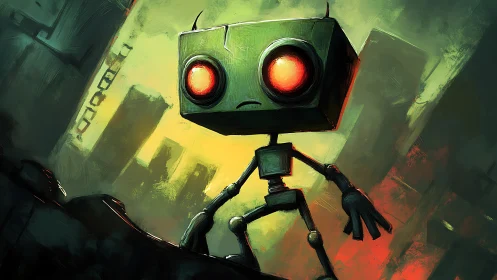 Neon-eyed robot prowling through smoky urban ruins at dusk.