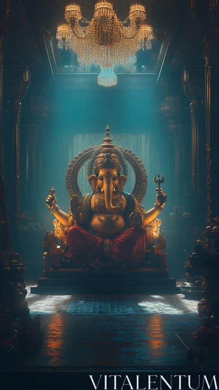 Golden Ganesha glows softly beneath a shimmering chandelier.