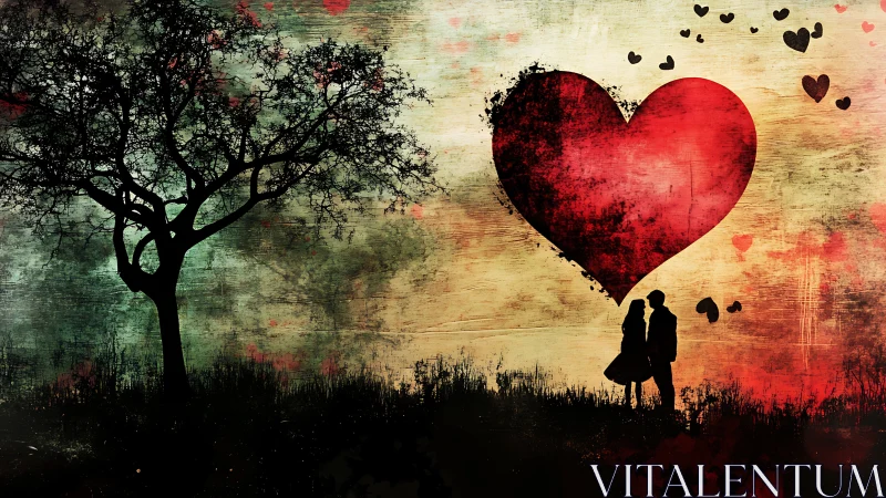 Silhouetted Couple Under Oversized Red Heart with Distressed Texture
