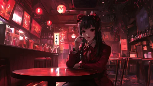 Anime girl in red dress in dimly lit neon bar interior