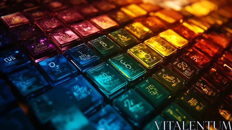 Colored glass tiles with scientific symbols in grid layout.