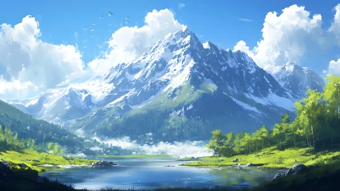 Sunlit alpine peak rises over tranquil reflective lake