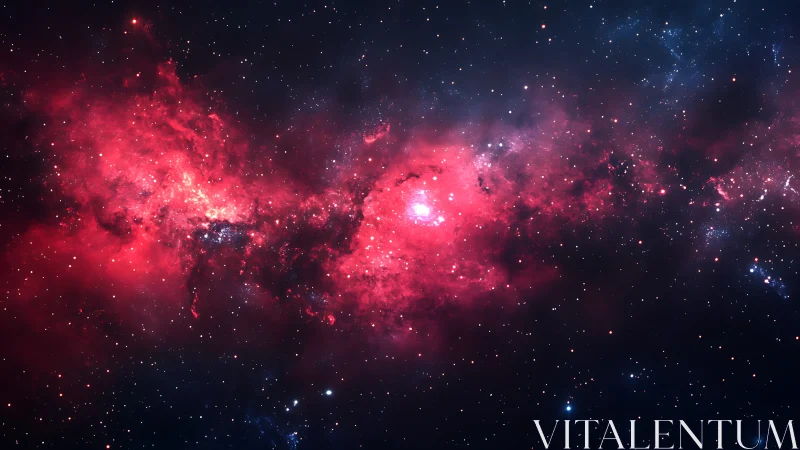 Red emission nebula with dense star field in deep space.