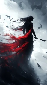 Crimson cloaked warrior strides through stormlit sky shadows