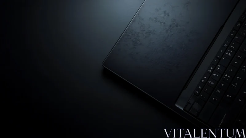 Black laptop keyboard and touchpad sit on dark surface