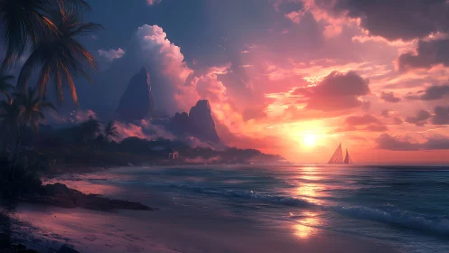 Dream-soaked tropic shoreline under a blazing storybook sunset.