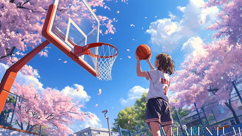 Anime spring court scene with cherry blossom basketball focus.