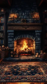 Stone fireplace with active fire and surrounding dark wood interior