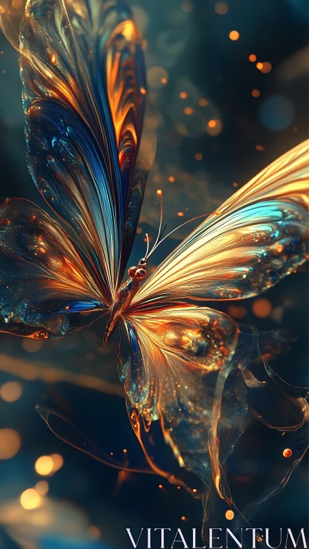 Iridescent bioluminescent butterfly with molten glass wings