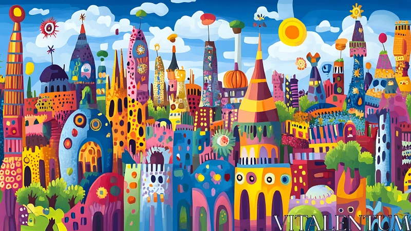 Vibrant fantastical cityscape pulses with towering colorful forms