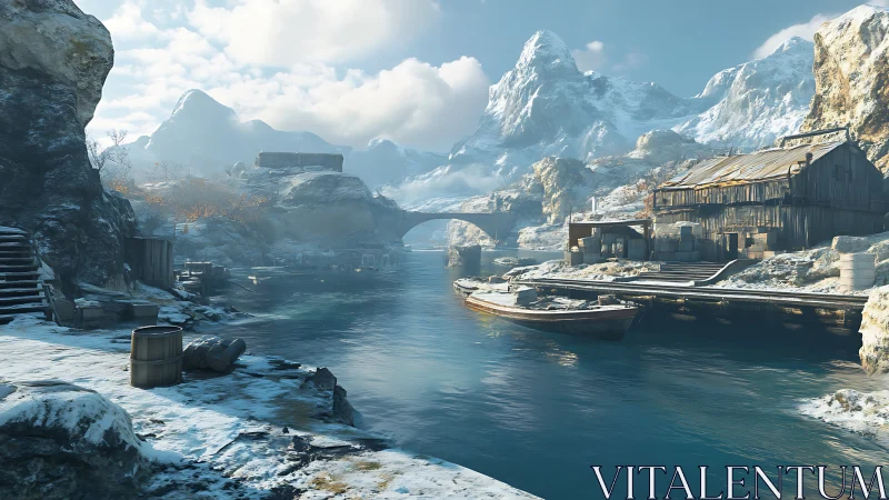 Arctic Harbor with Snow-Capped Mountains and Wooden Structures.