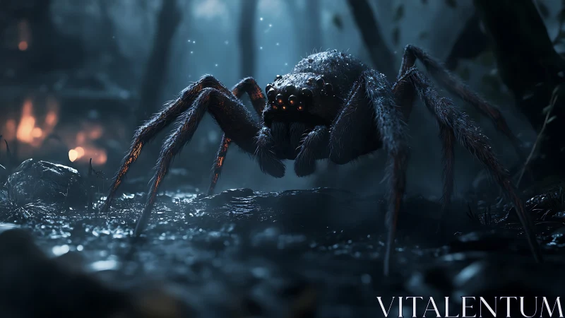 Mysterious forest spider exploring a moonlit, misty path.