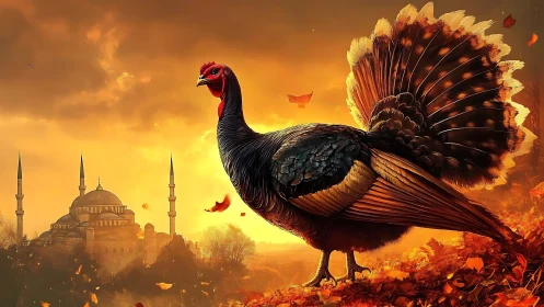 Autumn-lit hybrid turkey before domed skyline at sunset.