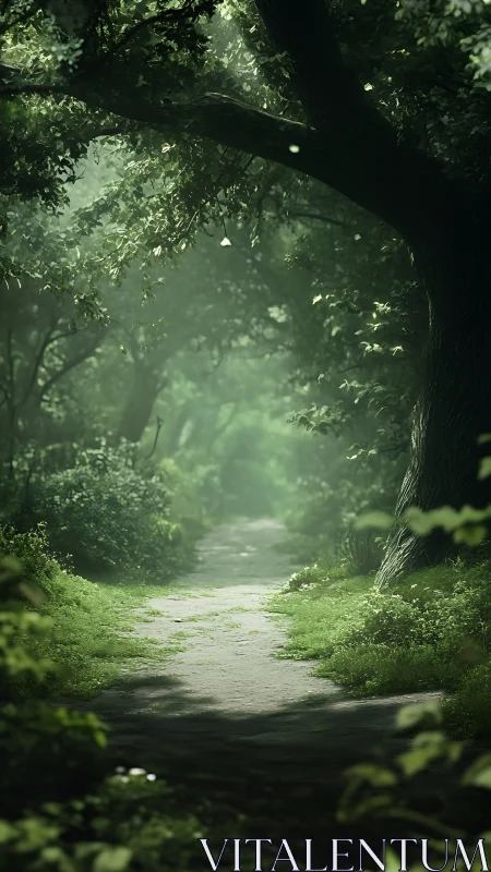 Forest pathway with tunneling canopy creates depth through atmospheric light diffusion
