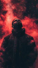 Backlit silhouette in crimson particulate atmospheric bloom.