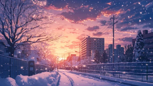 Urban winter street under sunset sky with falling snow.