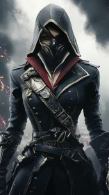 Cyberpunk rogue assassin in tactical hooded armor portrait.