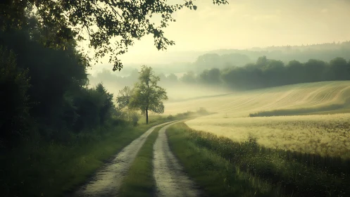 Rural dirt road passes fields and trees in soft morning fog