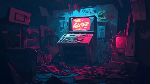 Retro control room with arcade console and cluttered gear.