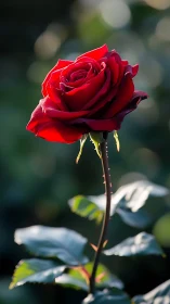 Deep crimson rose bloom showcasing stratified petal architecture with botanical stem structure