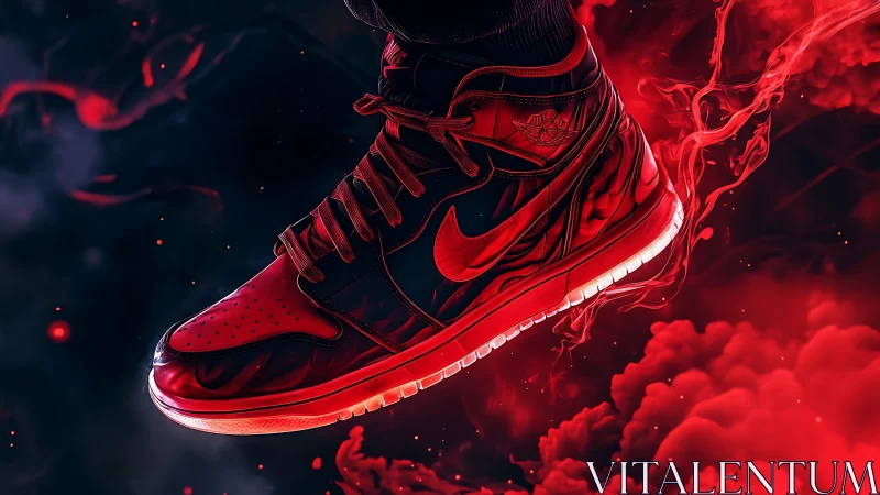 Fiery red sneaker glows boldly against swirling smoke clouds