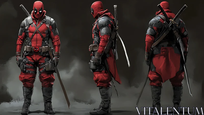Tri-angle character turnaround of armored red mercenary suit.