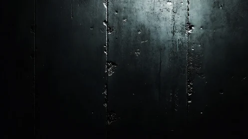 Worn dark metal wall shows corroded seams under raking light