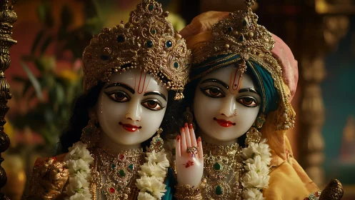 Radiant divine couple adorned in golden festive splendor.