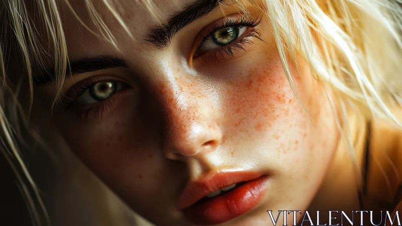 Freckled blonde portrait under soft golden light gazes ahead.