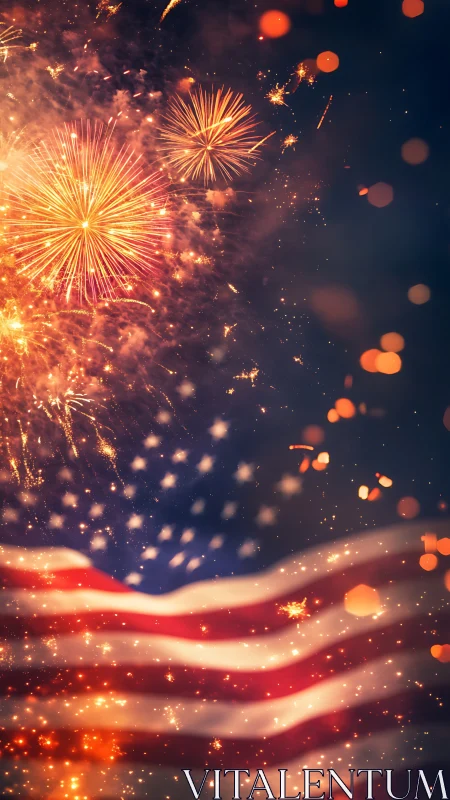 United States flag with bright fireworks at night sky scene.